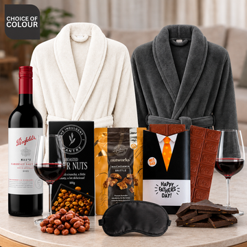 Dad's Penfolds & Luxury Pamper Gift Hamper by Tastebuds featuring Penfolds Max's Cabernet Sauvignon, luxury bathrobe, gourmet treats and Father's Day chocolates.