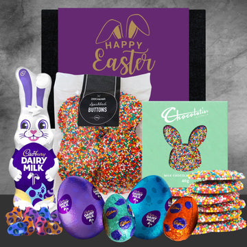 Easter-themed products including a Cadbury Dairy Milk bunny, colorful buttons, and Chocolatier Easter eggs on a gray background.