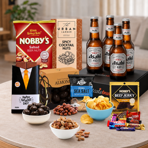 Father's Day Beer Hamper for Dad by Tastebuds featuring premium beers, gourmet snacks and free personalised greeting card.