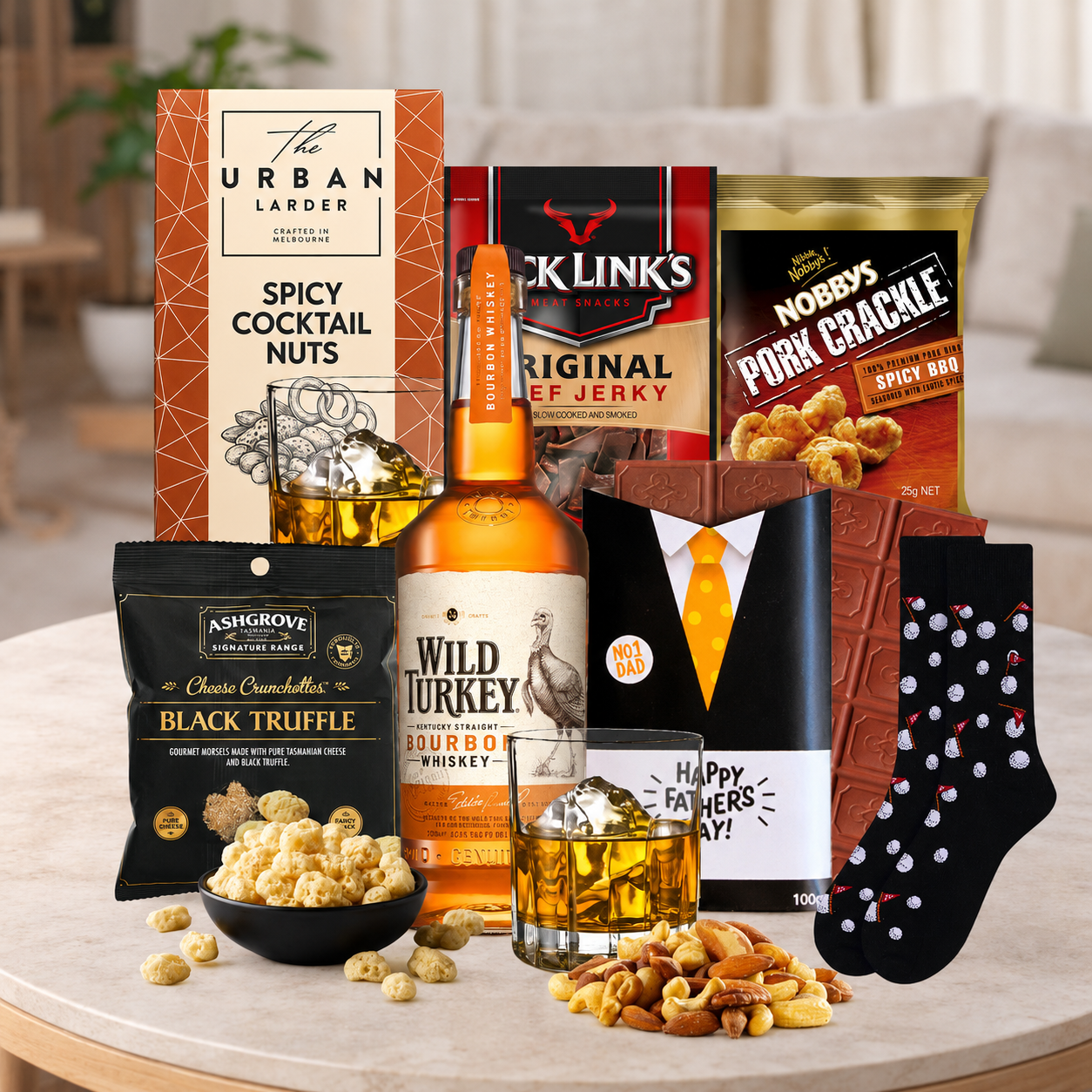 Father's Day Bourbon Gift Hamper with a choice of Wild Turkey, Maker's Mark or Devil's Cut, gourmet treats and personalised greeting card.