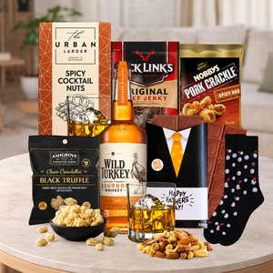 Father's Day Bourbon Gift Hamper with a choice of Wild Turkey, Maker's Mark or Devil's Cut, gourmet treats and personalised greeting card.