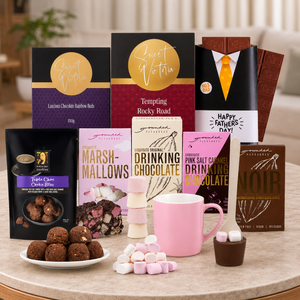 Father's Day Hot Chocolate Gift Hamper by Tastebuds featuring premium drinking chocolate, sweet treats and a free personalised greeting card.