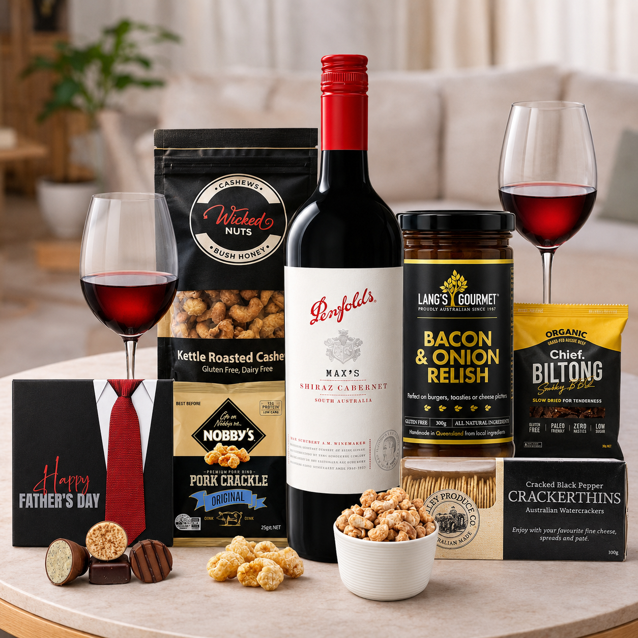 Father's Day Penfolds Snack Gift Hamper by Tastebuds featuring Penfolds Max Shiraz, gourmet snacks, bush honey cashews and Father's Day chocolates.