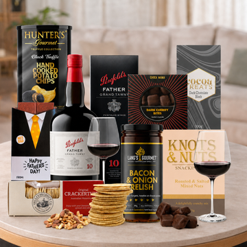 Father's Day Port & Nibbles Gift Hamper by Tastebuds featuring Penfolds 10 Year Old Grand Tawny Port, gourmet snacks, chocolates and savoury treats.