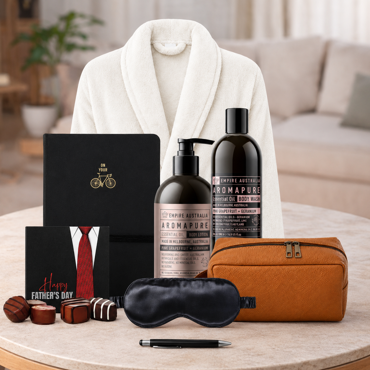Father's Day Self Care & Grooming Gift Hamper by Tastebuds with luxury bath robe, grooming essentials and personalised card.