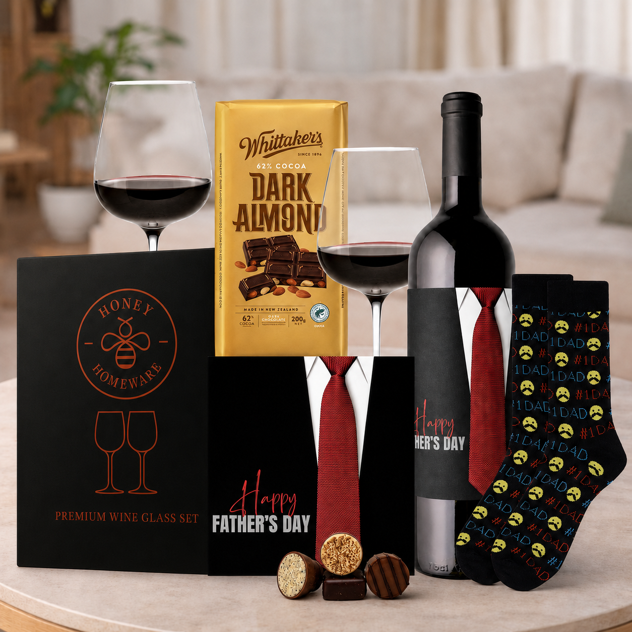 Father's Day Shiraz Gift Hamper for Dad by Tastebuds featuring premium Australian Shiraz, wine glasses, chocolates and a free personalised greeting card.
