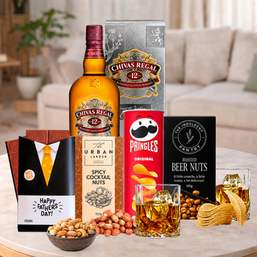 Father's Day Whisky Hamper for Dad by Tastebuds featuring premium whisky, gourmet snacks and free personalised greeting card.
