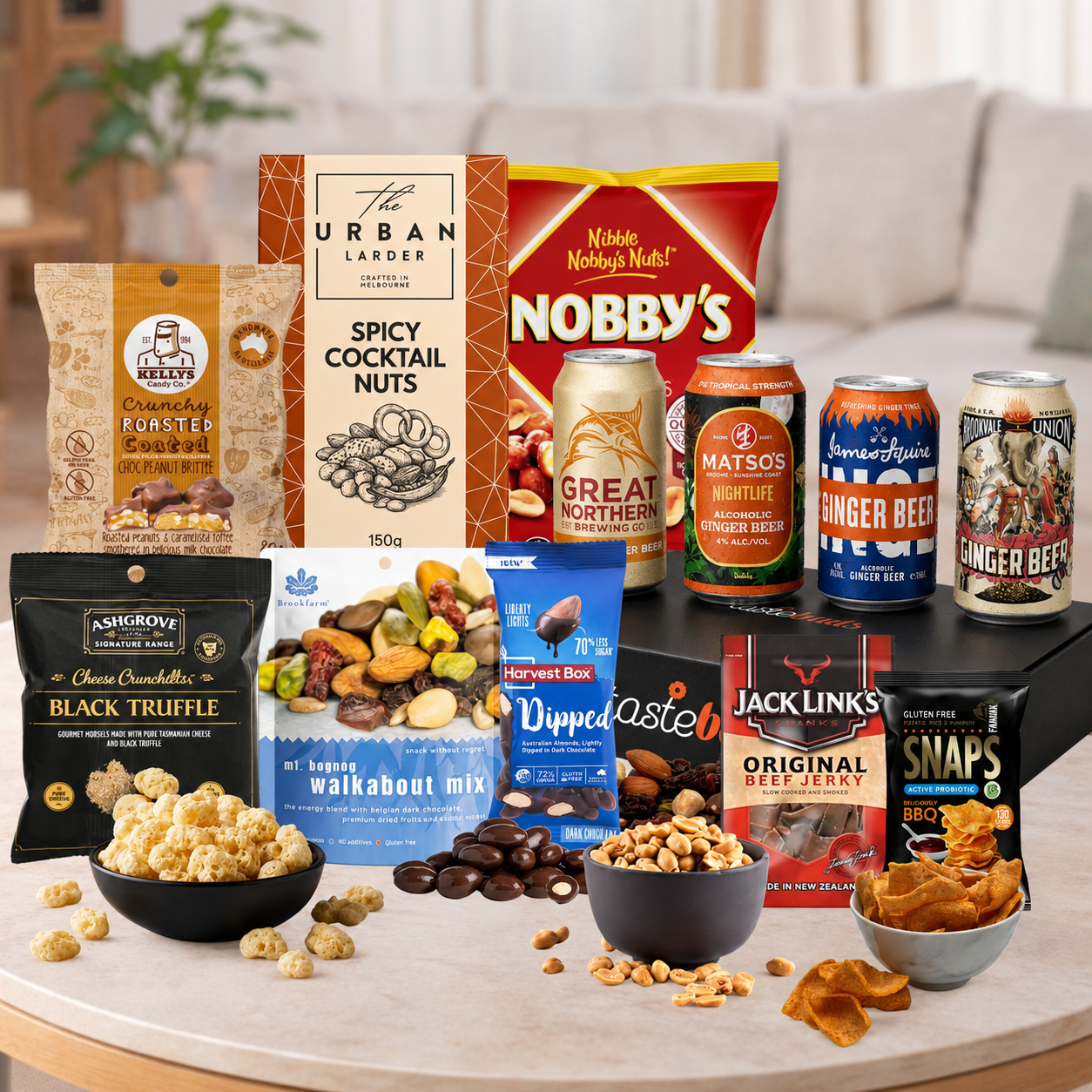 Ginger Beer Hamper Basket with four Australian alcoholic ginger beers and gourmet snacks