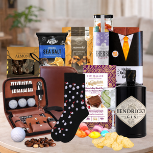 Golf Gift Hamper for Dad by Tastebuds featuring Hendrick's Gin, golf gift set, gourmet snacks and free personalised greeting card.