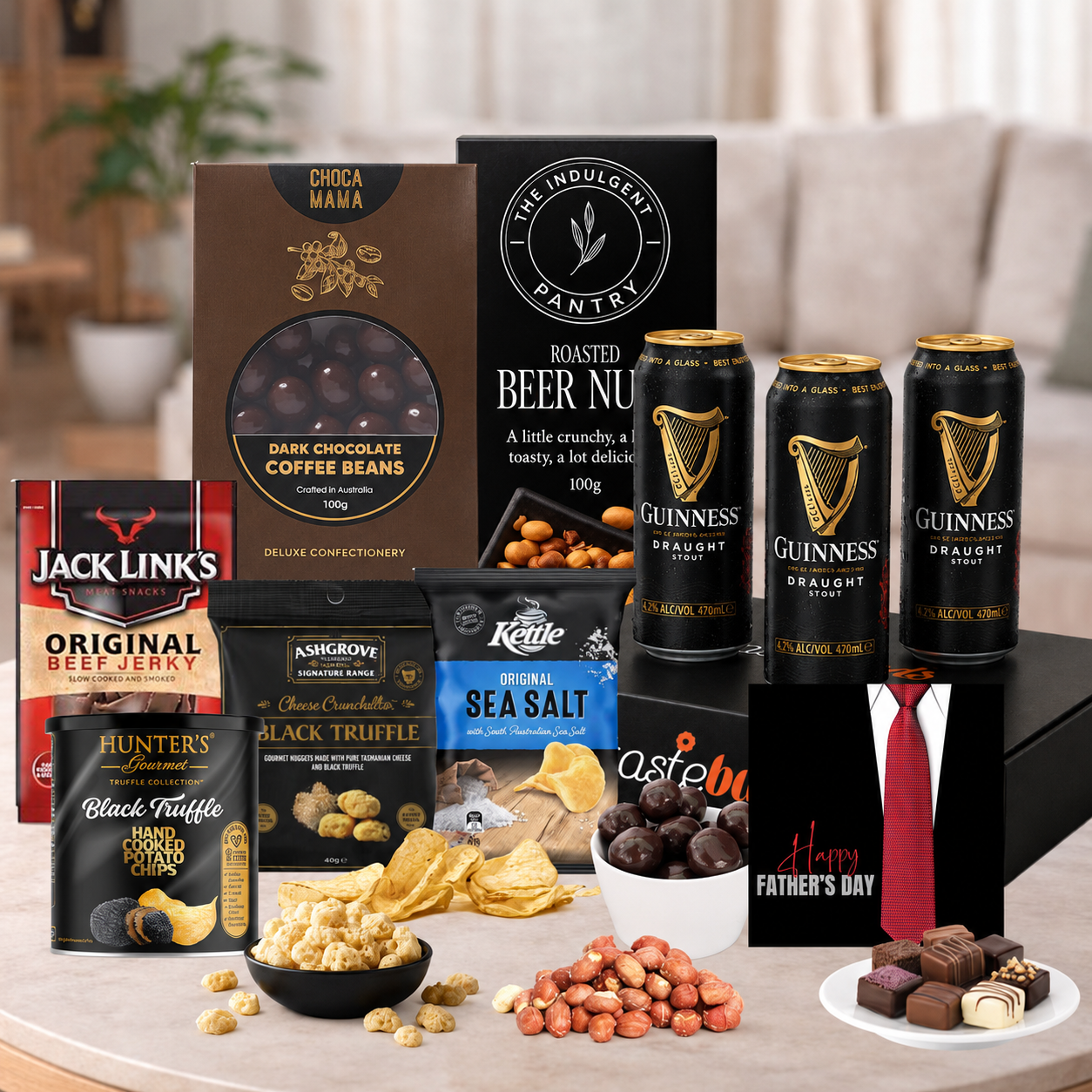 Guinness Beer & Snacks Gift Hamper for Dad by Tastebuds featuring Guinness Draught, gourmet snacks, jerky, truffle chips and Father's Day chocolates.