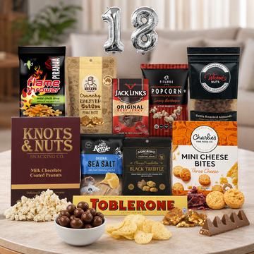 Happy 18th Birthday Snack Hamper with sweet, savoury, chocolatey treats and gourmet snacks