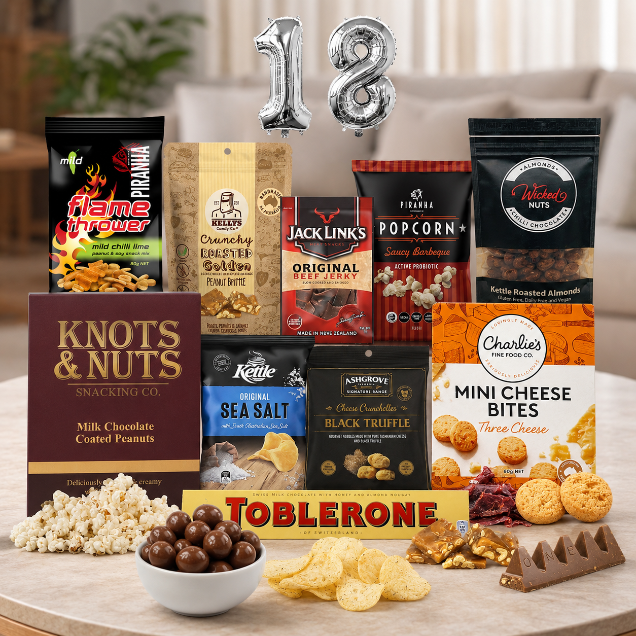 Happy 18th Birthday Snack Hamper with sweet, savoury, chocolatey treats and gourmet snacks
