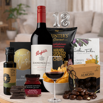 Happy 18th Penfolds Delight hamper with red wine and gourmet treats