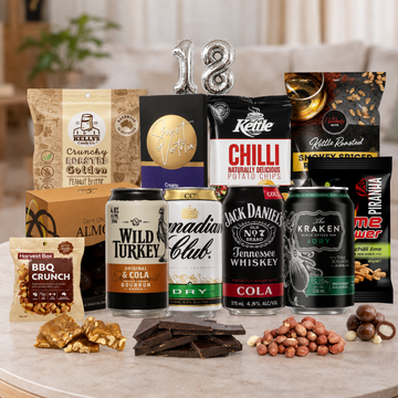 Happy 18th Whisky and Rum Mixers Pack with gourmet snacks