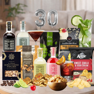 Happy 30th Delightful Cocktails Birthday hamper with four cocktails and gourmet treats