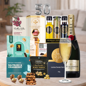 Happy 50th Moet Gourmet Birthday Hamper with Champagne and gourmet treats