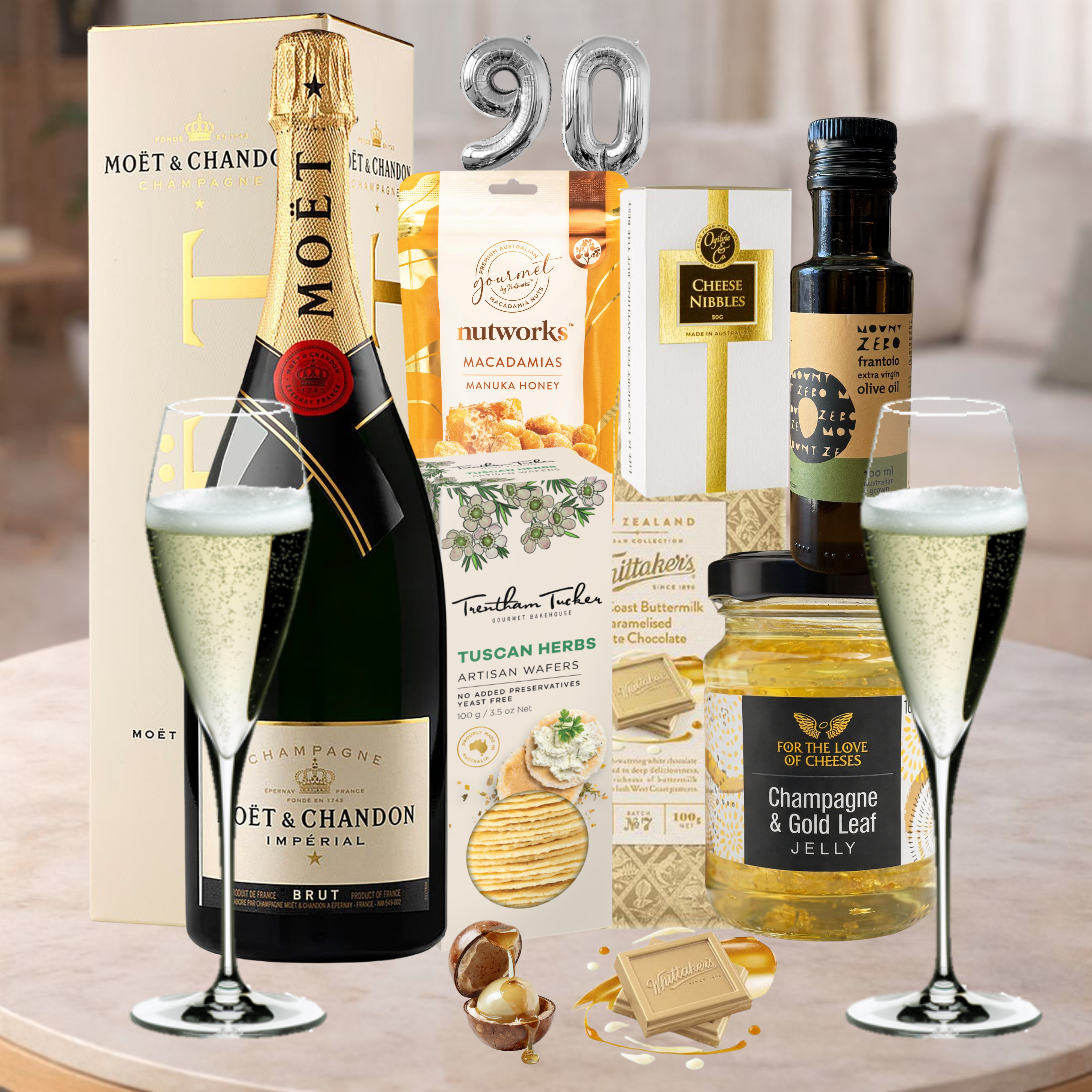 Happy 90th Moet Champagne and Nibbles Hamper with gourmet treats