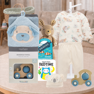 Hello Little Baby Boy Gift Hamper with baby clothing, hooded towel, books and toys