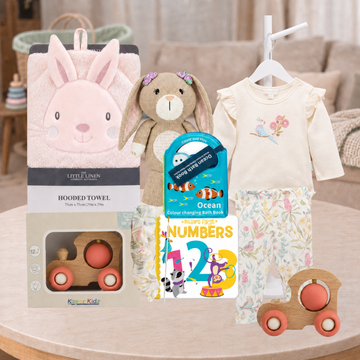 Hello Little Baby Girl Gift Hamper with baby clothing, bunny towel, books and toys