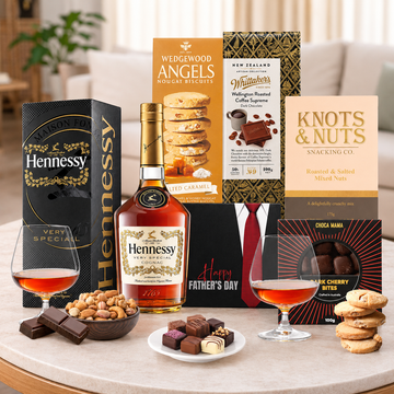 Hennessy VS Cognac Gift Hamper for Dad by Tastebuds featuring premium Cognac, gourmet nuts, chocolate treats and a free personalised greeting card.