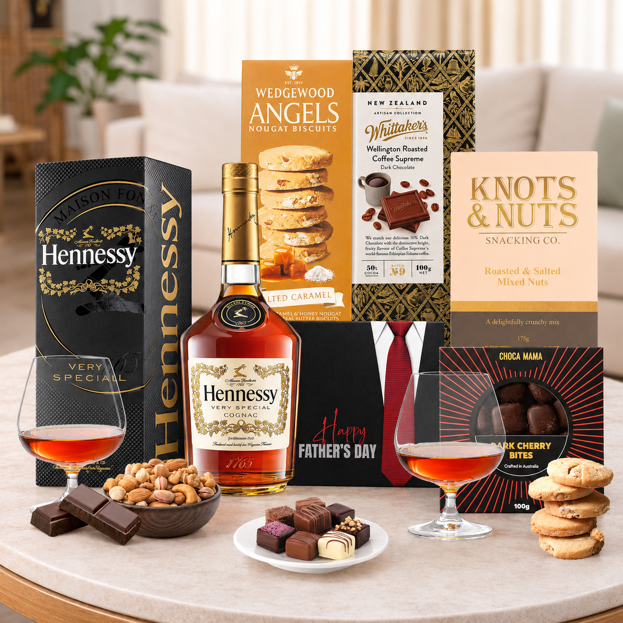 Hennessy VS Cognac Gift Hamper for Dad by Tastebuds featuring premium Cognac, gourmet nuts, chocolate treats and a free personalised greeting card.