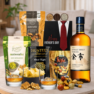 Japanese Whisky Gift Hamper for Dad by Tastebuds featuring Nikka Yoichi Single Malt whisky, gourmet snacks and Father's Day chocolates.