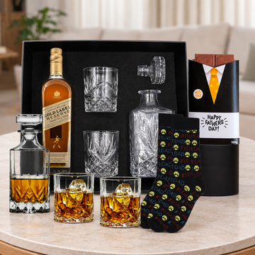 Johnnie Walker Gold Gift Hamper by Tastebuds featuring Gold Label Reserve Scotch, decanter set and free personalised greeting card.