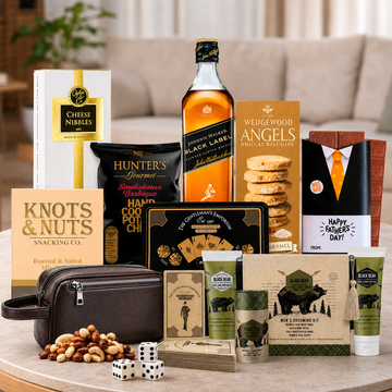 Johnnie Walker Grooming Gift Hamper for Dad by Tastebuds featuring Johnnie Walker Black Label, grooming essentials, gourmet snacks and Father's Day chocolates.