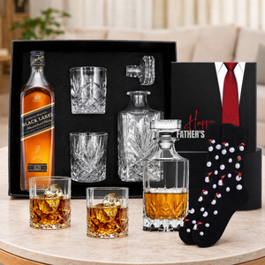 Johnnie Walker Whisky Decanter Hamper by Tastebuds featuring Black Label Scotch, glass decanter set and free personalised greeting card.