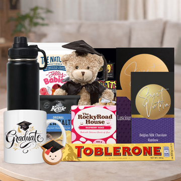 Joyful Graduation Gift Hamper with graduation teddy, mug, water bottle and gourmet treats