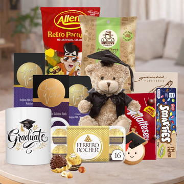 Junior Graduation Gift Hamper with graduation teddy, graduate mug, chocolates, lollies and sweet treats