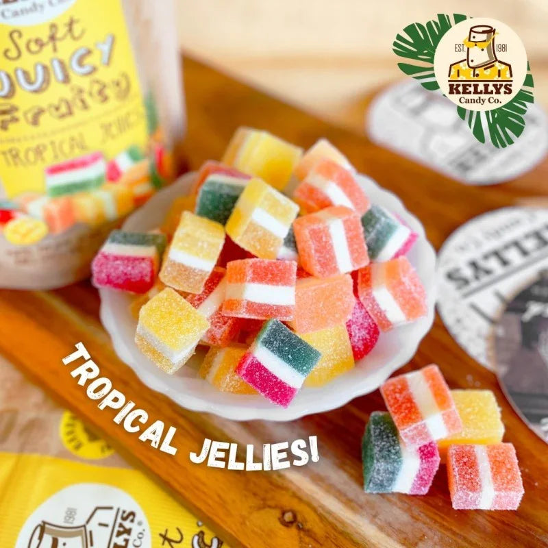 Colorful jelly candies on a wooden surface with KELLY'S Candy Co. branding.