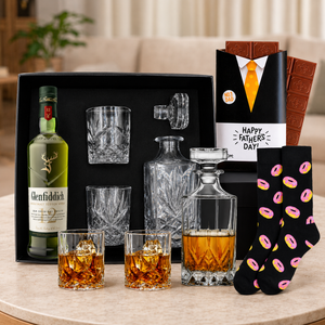 Glenfiddich Whisky Decanter Gift Hamper by Tastebuds featuring Glenfiddich Single Malt Scotch Whisky, decanter set and Father's Day gifts.