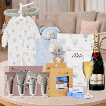 Luxury Baby Hamper with Moët Champagne, organic baby clothing, teddy comforter and newborn essentials