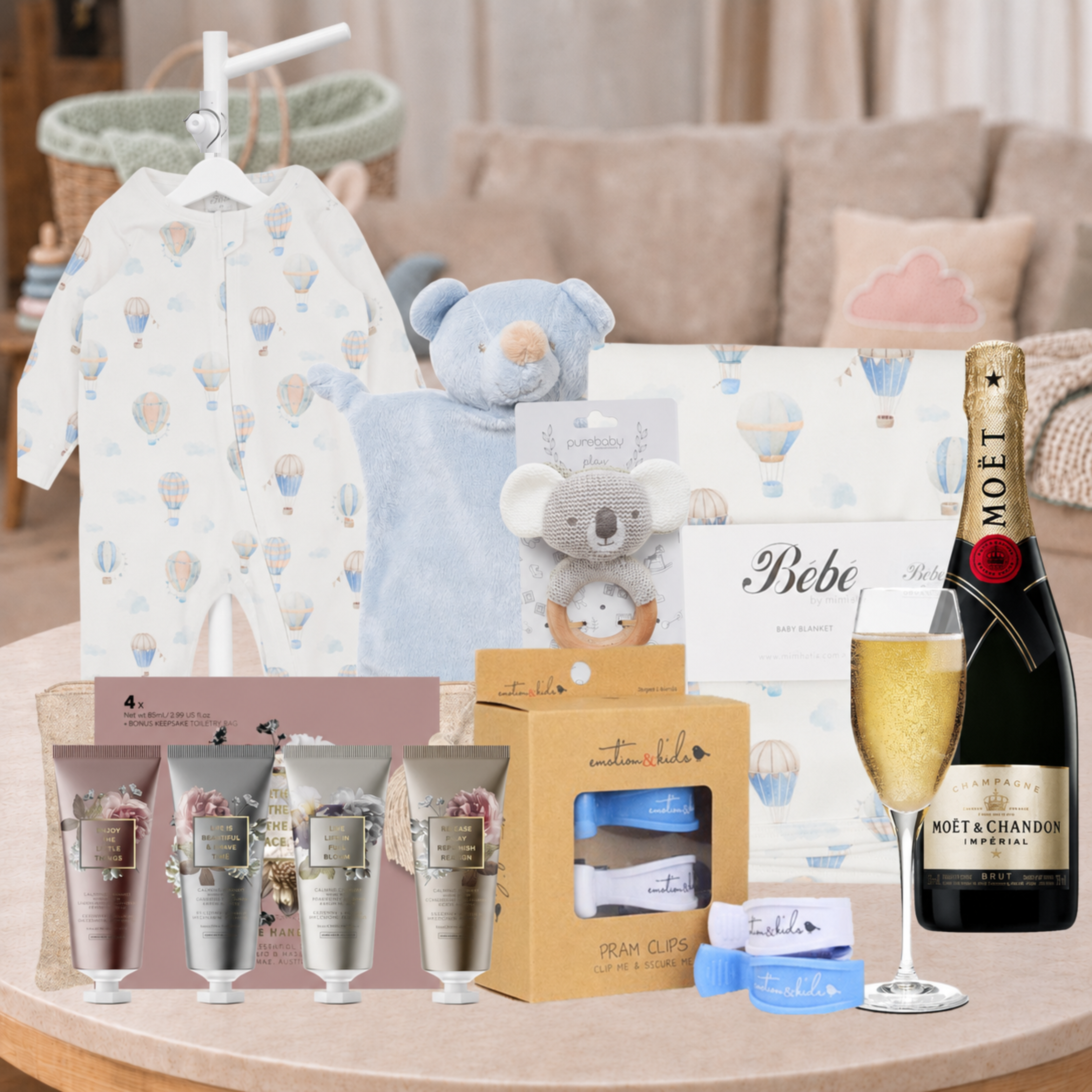 Luxury Baby Hamper with Moët Champagne, organic baby clothing, teddy comforter and newborn essentials