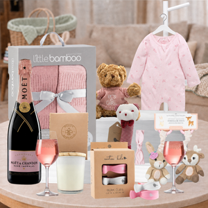 Luxury Baby Shower Gift Hamper with Moët Rosé, baby girl essentials and soy candle