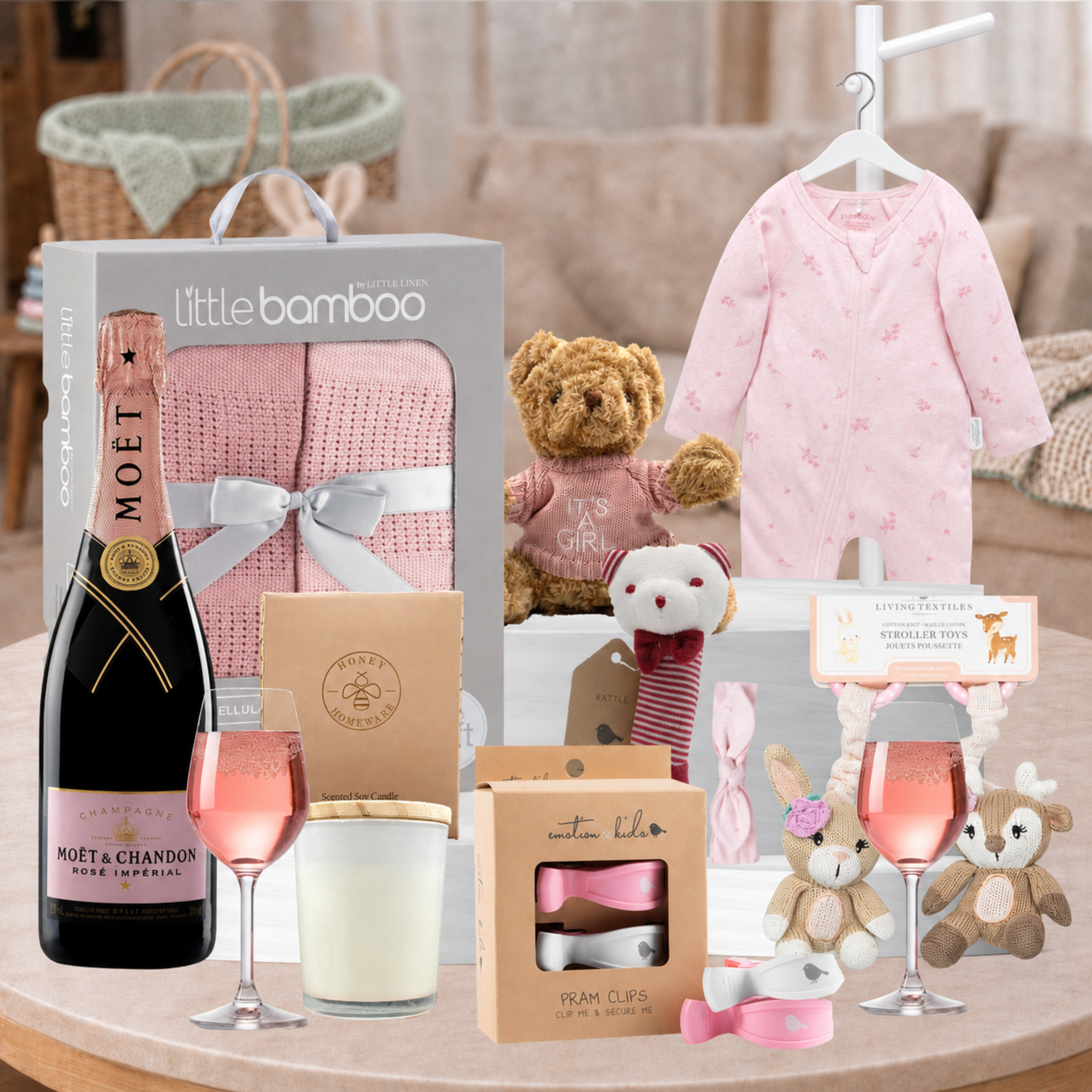 Luxury Baby Shower Gift Hamper with Moët Rosé, baby girl essentials and soy candle