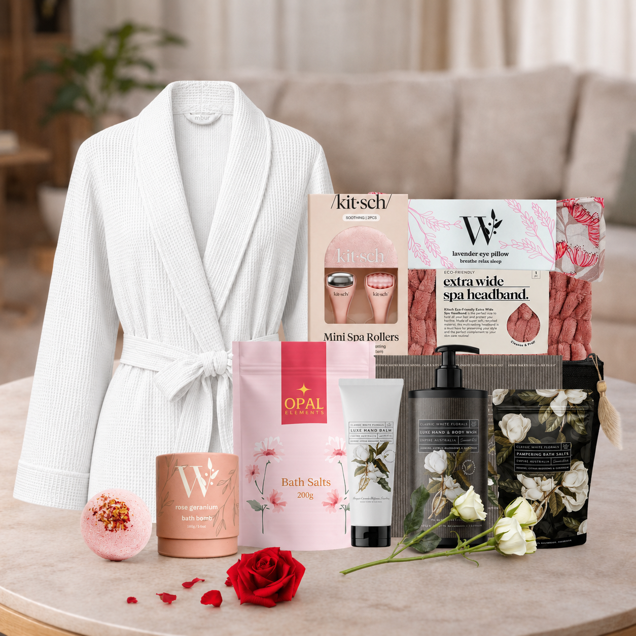 Spa Gift Hamper for Her with robe, bath bomb and self-care essentials