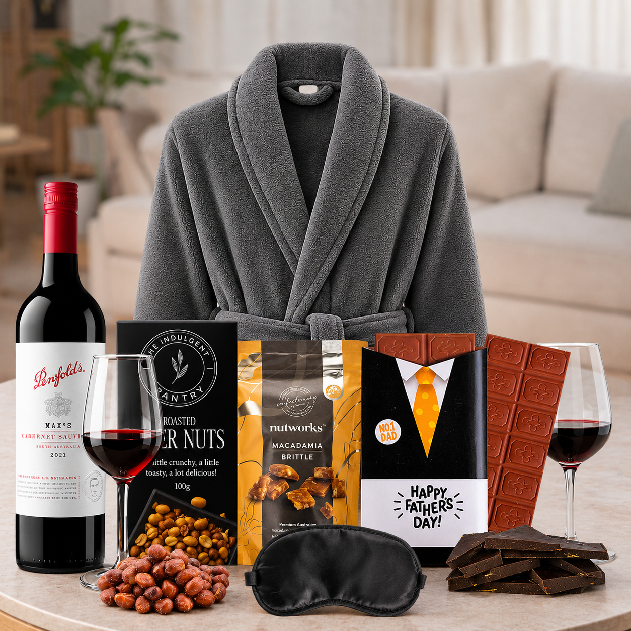 Luxury Penfolds wine hamper for Dad featuring premium Cabernet Sauvignon, comfortable bathrobe, gourmet snacks and Father's Day chocolate.