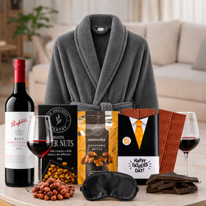 Luxury Penfolds wine hamper for Dad featuring premium Cabernet Sauvignon, comfortable bathrobe, gourmet snacks and Father's Day chocolate.