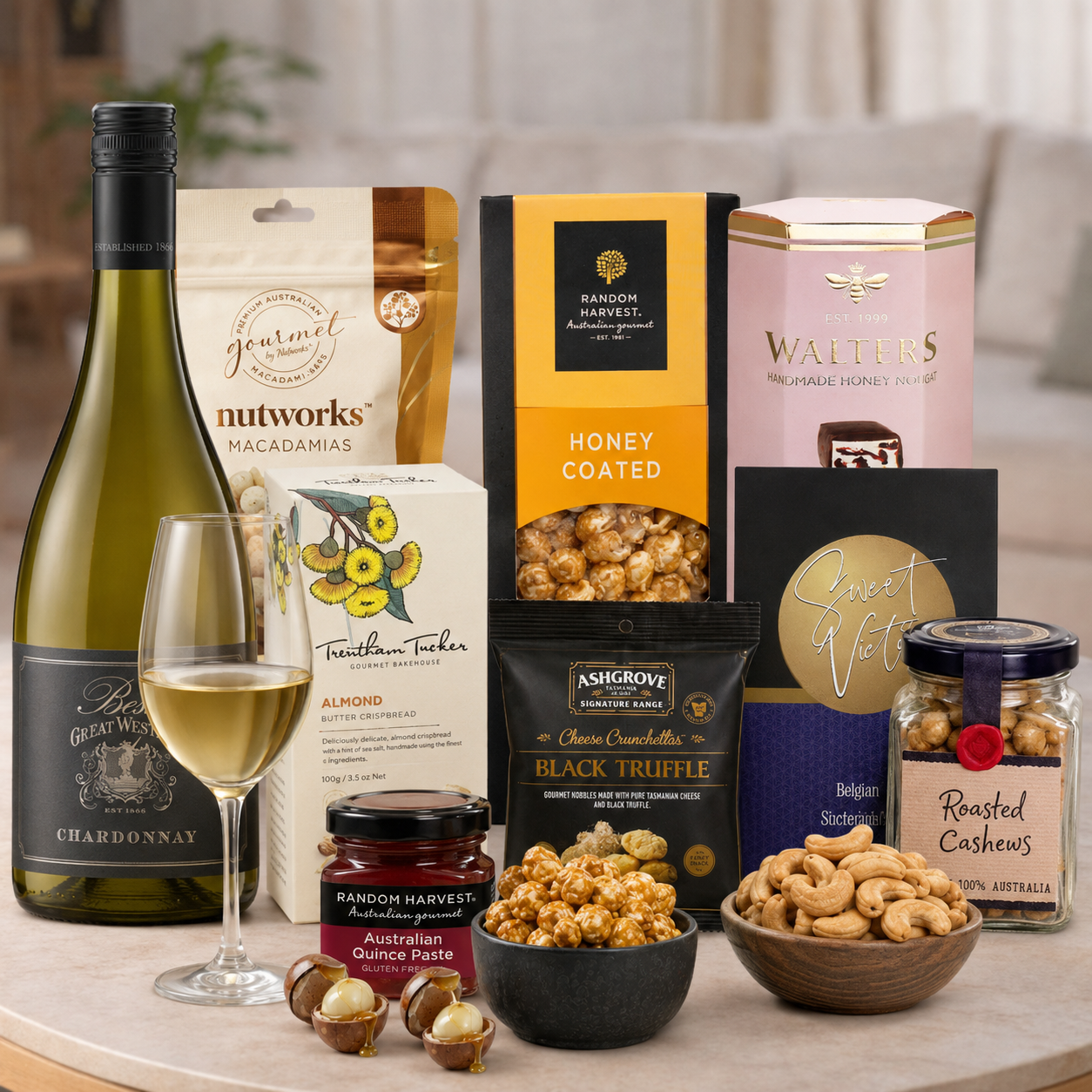 Luxury White Wine Gift Hamper for Her with Chardonnay and gourmet treats