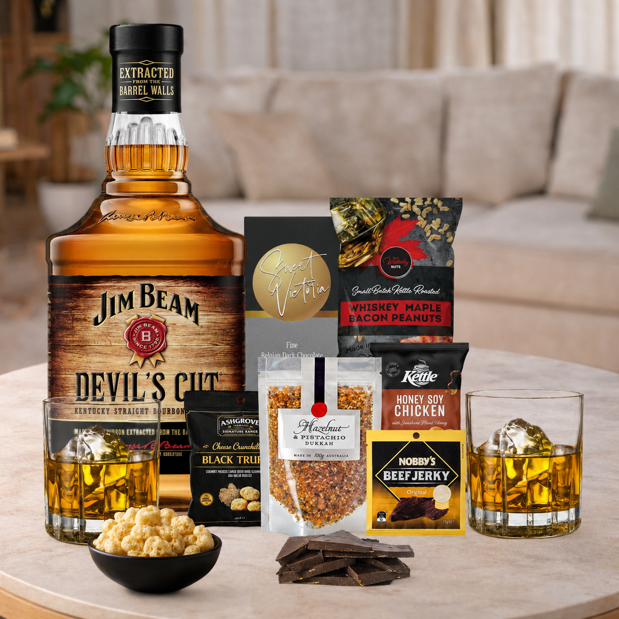 Men's Bourbon Gift Hamper with bourbon, jerky and Belgian dark chocolate