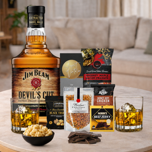 Men's Bourbon Gift Hamper with bourbon, jerky and Belgian dark chocolate