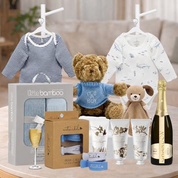 Mum and Bub Baby Shower Hamper with Chandon Brut, baby boy essentials and hand balm