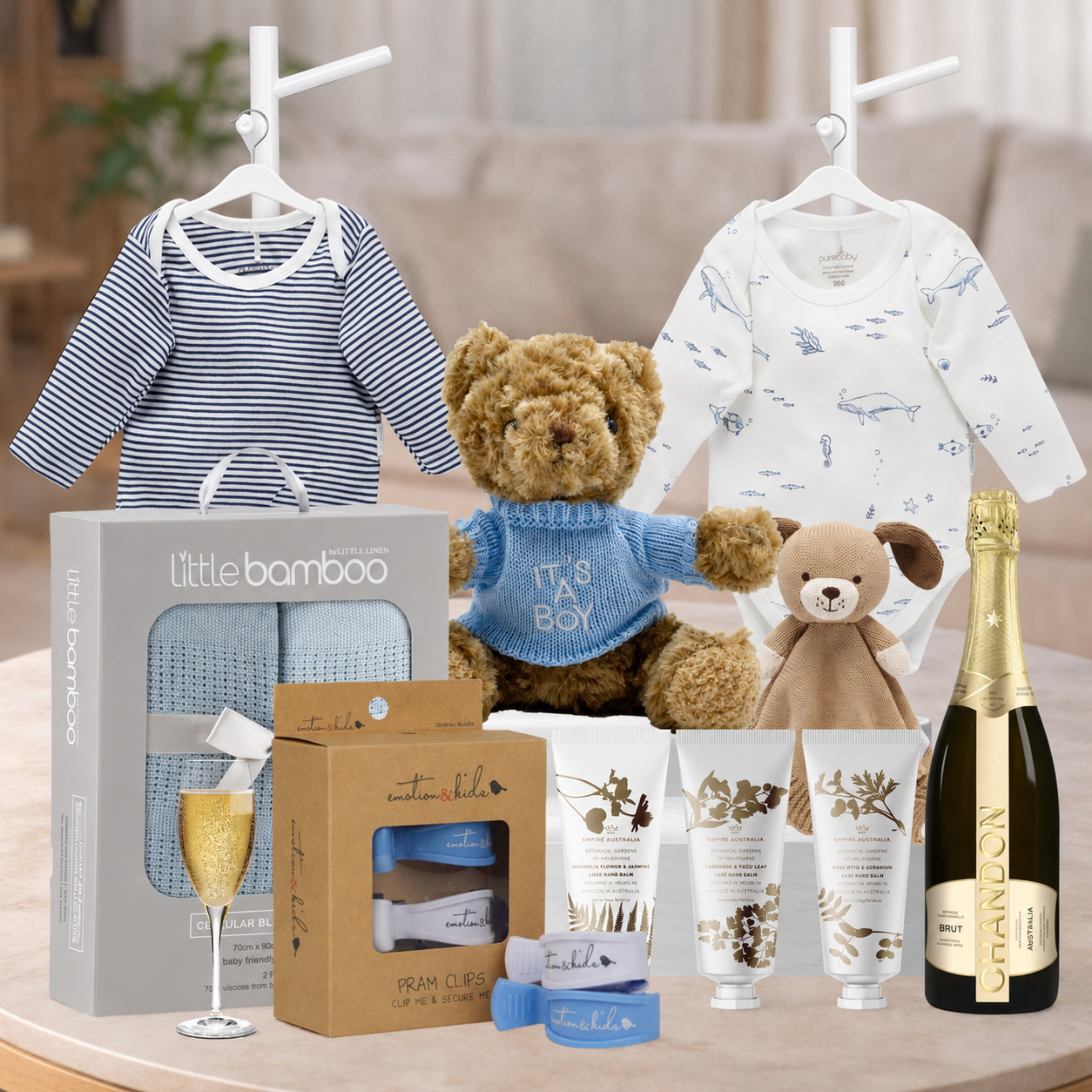 Mum and Bub Baby Shower Hamper with Chandon Brut, baby boy essentials and hand balm