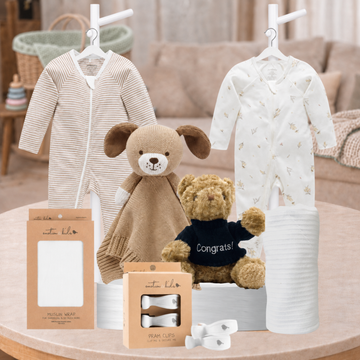 Newborn Baby Neutral Hamper with Pure Baby growsuits, white muslin wrap, teddy bear and comforter