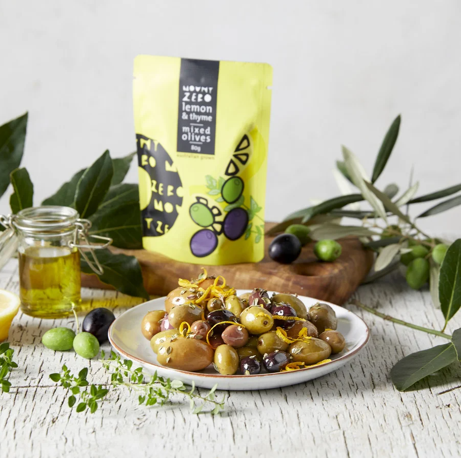 packets of Mount Zero Lemon & Thyme Mixed Olives 80g