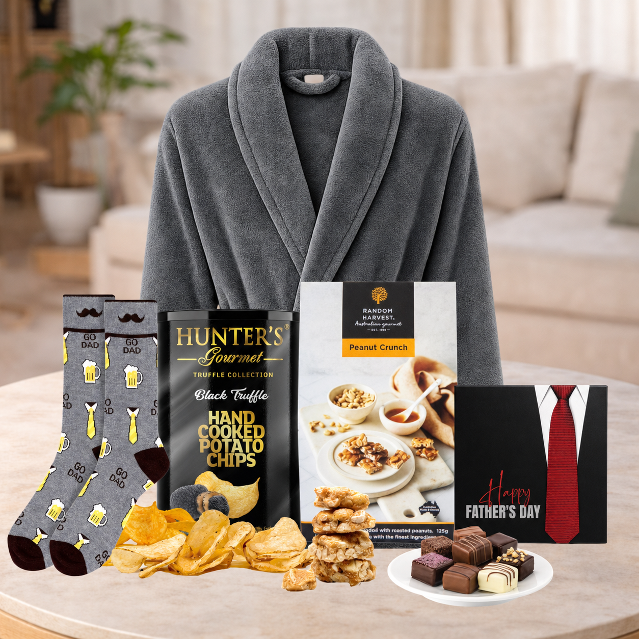 Pamper Gift Hamper for Dad with luxury bathrobe, black truffle potato chips, peanut crunch, Dad socks and Father's Day chocolate.