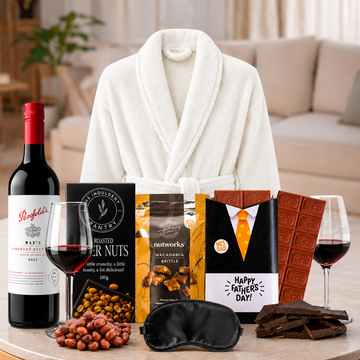 Penfolds Father's Day Gift Hamper for Dad with Penfolds Cabernet Sauvignon, grey luxury bathrobe, eye mask, beer nuts and macadamia brittle.