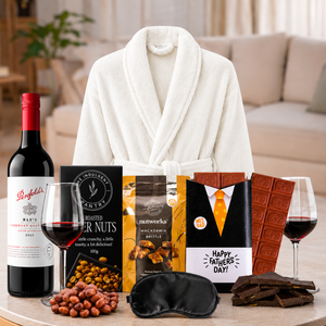 Penfolds Father's Day Gift Hamper for Dad with Penfolds Cabernet Sauvignon, grey luxury bathrobe, eye mask, beer nuts and macadamia brittle.